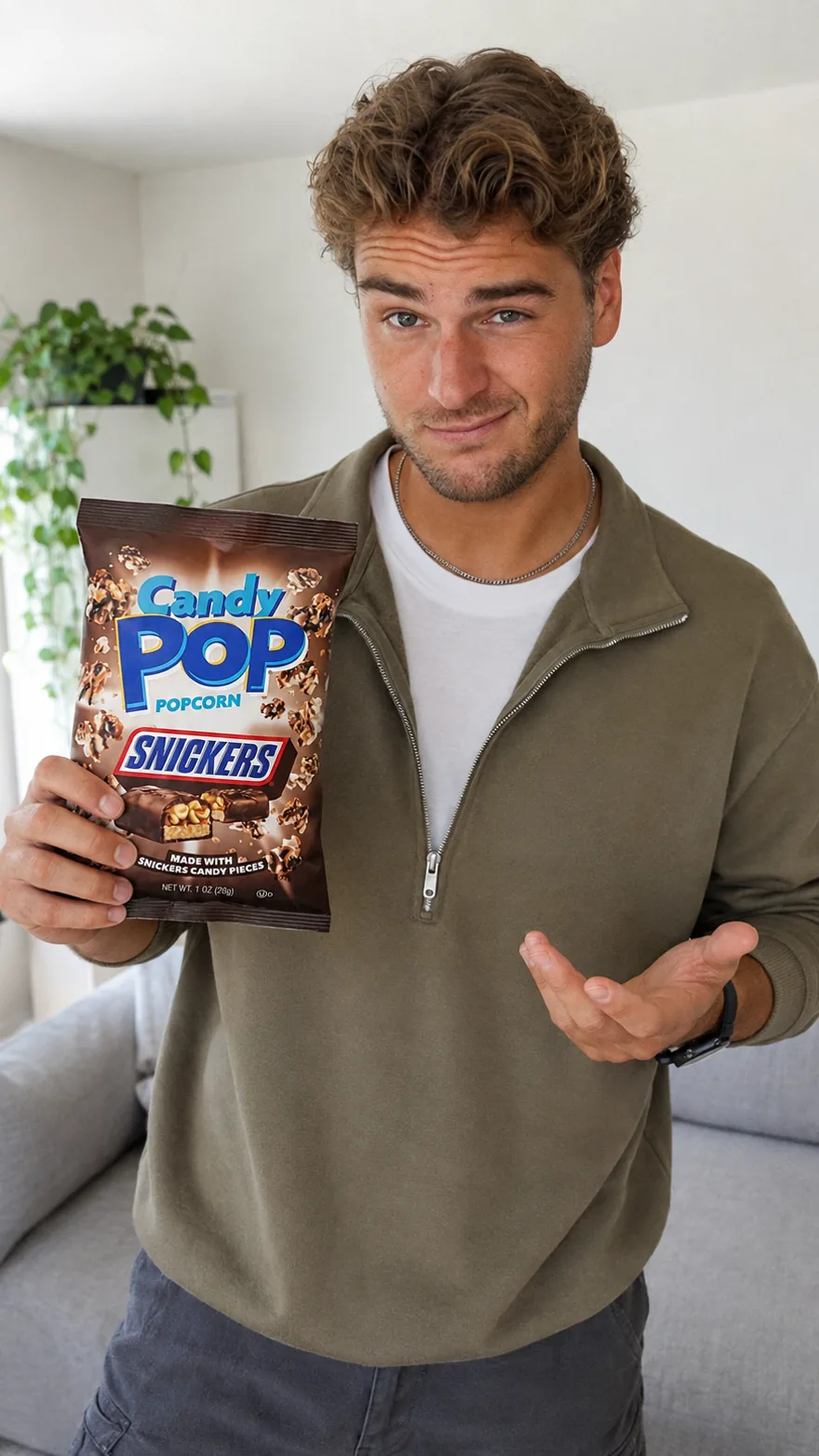 Jemand hält eine Tüte Candy-Pop-Popcorn mit Snickers ins Bild